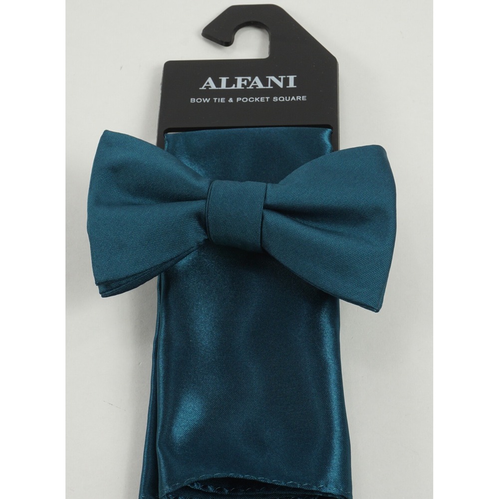 New 55$ Alfani Bow Tie & Pocket Square Set Mens Blue Woven Sharkskin One Size